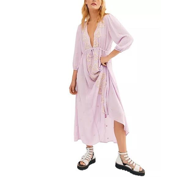 Free People Purple Cream Floral Embroidered Girly V-Neck Maxi Dress Size Small - Picture 1 of 13